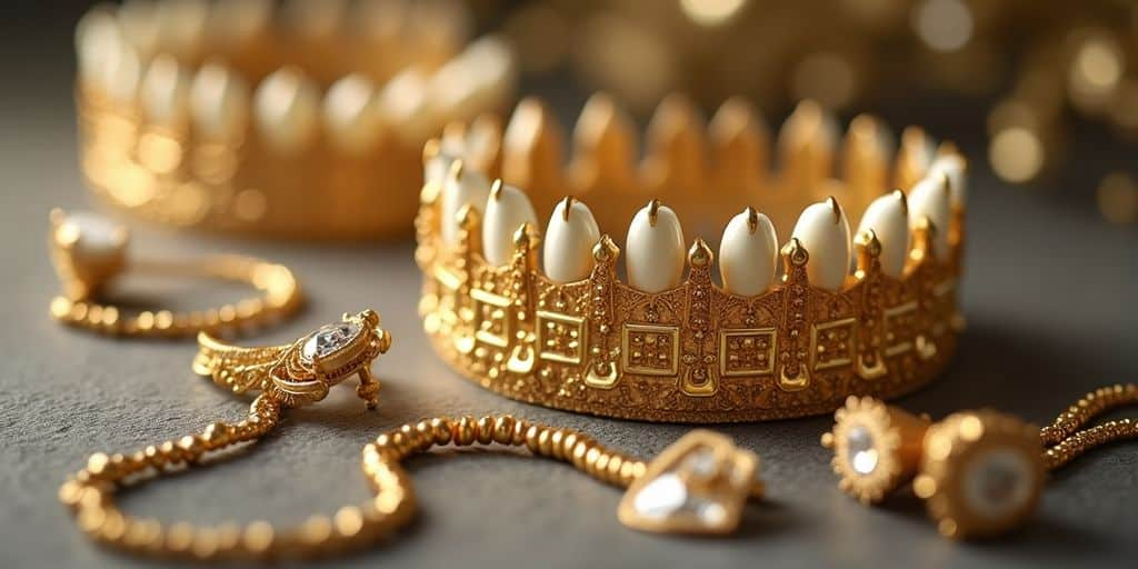 Couronnes dentaires en or et bijoux raffinés.