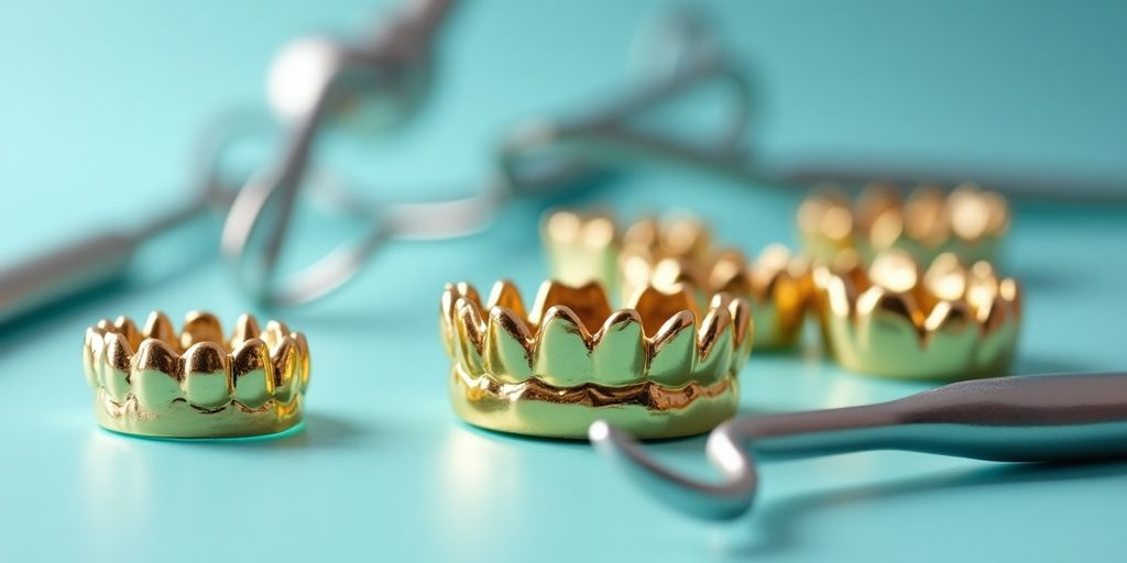 Outils dentaires en or sur fond clinique.