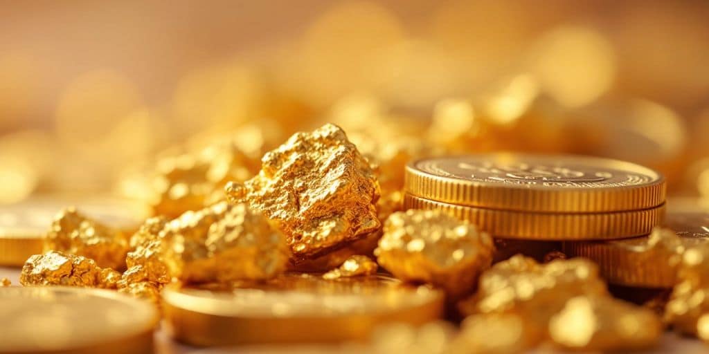 Gros plan sur des pépites et pièces d'or.