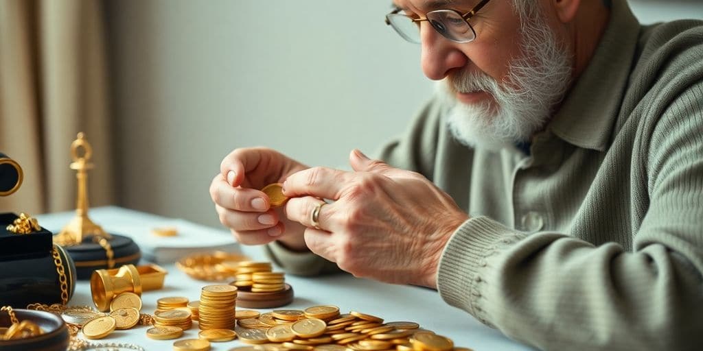 Personne âgée examinant des pièces d'or.