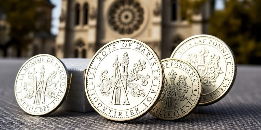Pièces de monnaie illustrant la réouverture de Notre-Dame.