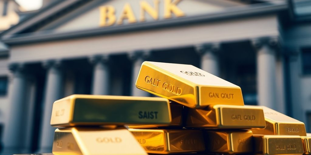 Barres d'or brillantes avec un bâtiment bancaire flou.