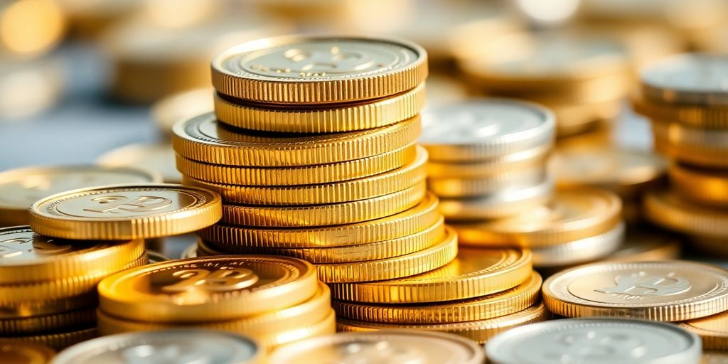 Pièces d'or et d'argent empilées sur un fond flou.