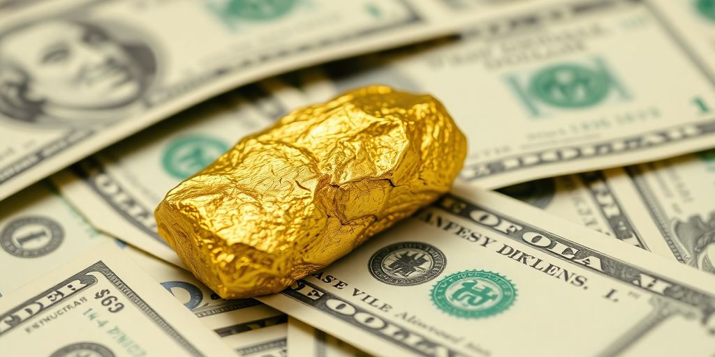 Brique d'or sur des billets de dollars américains.
