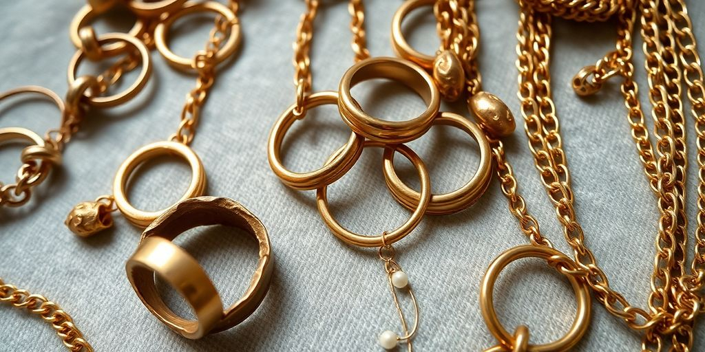 Bijoux abîmés en or sur une surface en tissu.