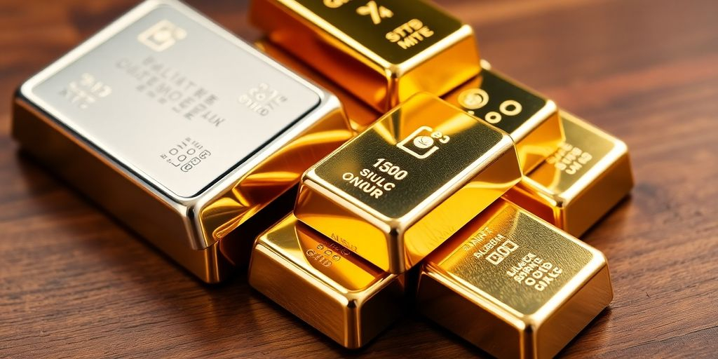 Lingots d'or et d'argent sur une surface en bois.