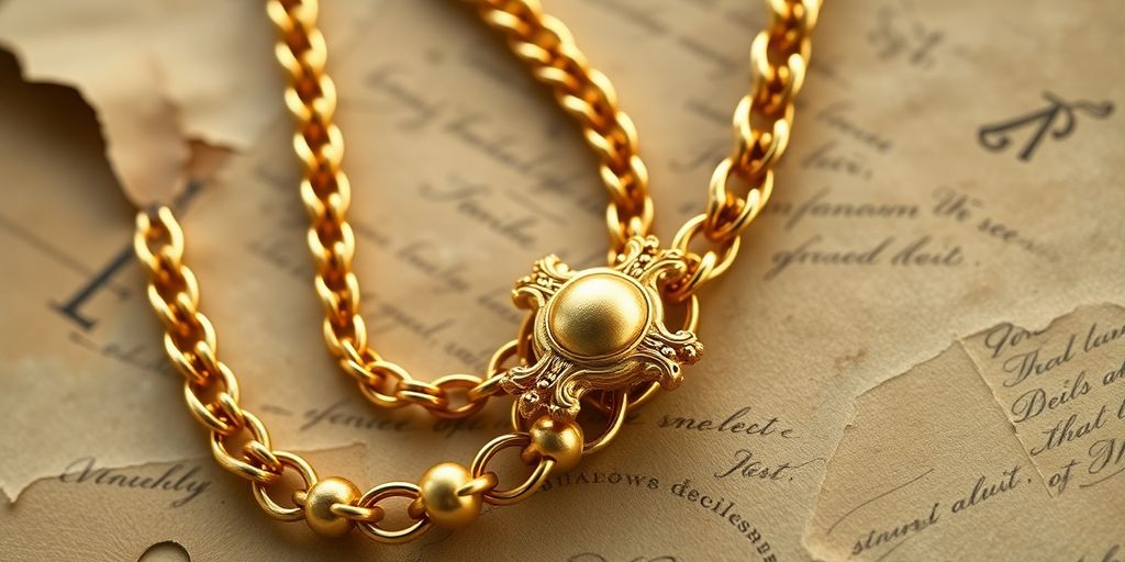 Collier en or et document ancien pour héritage.