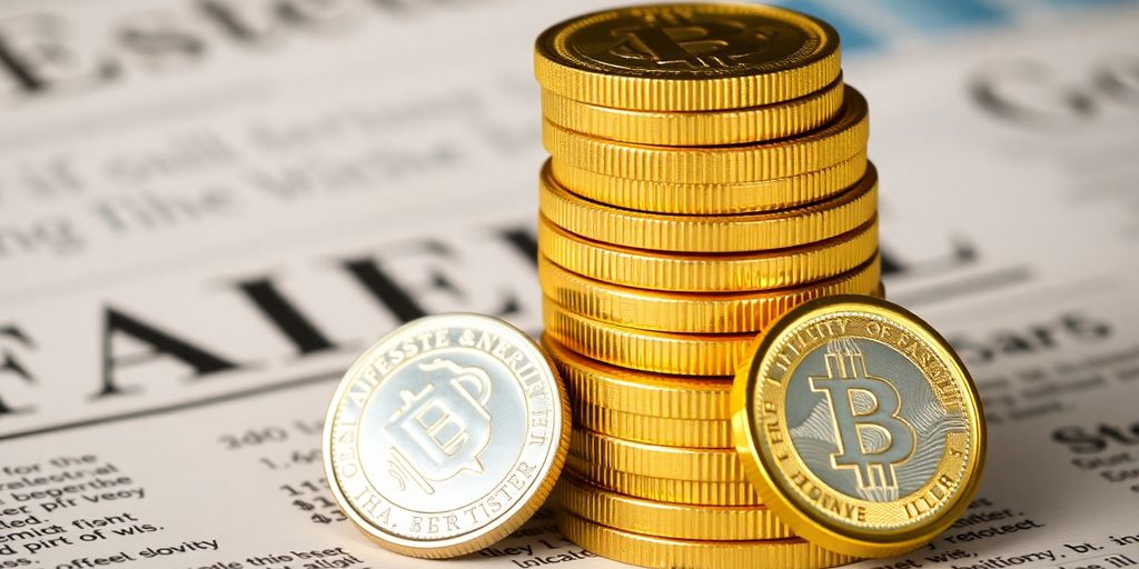Des pièces d'or et d'argent empilées.