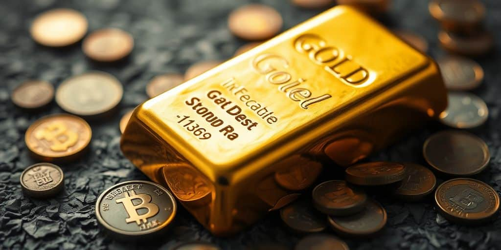 Barre d'or et pièces sur une surface texturée.