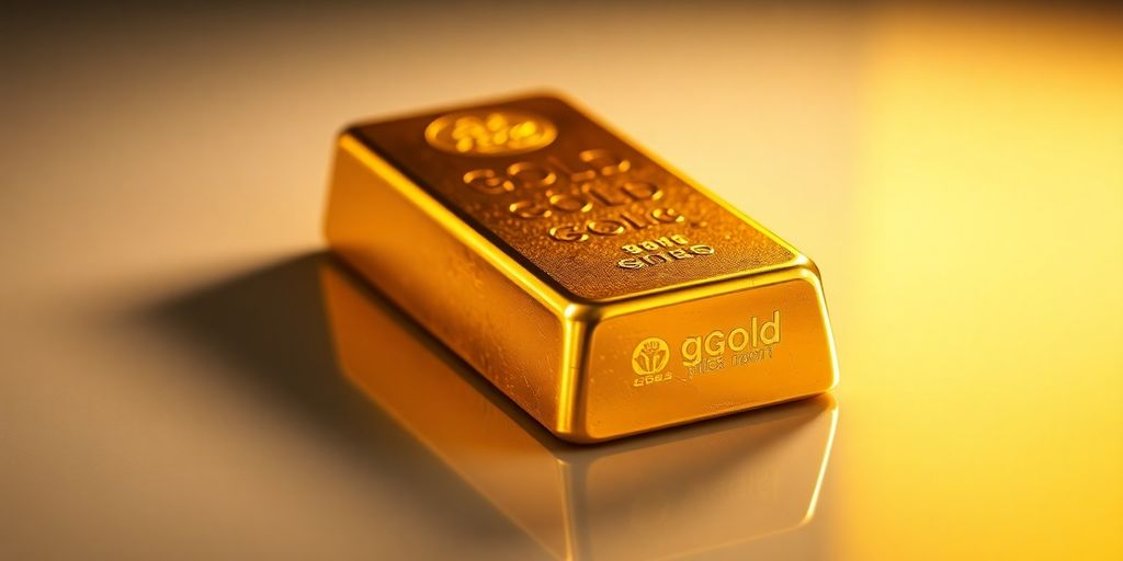 Lingot d'or brillant sur une surface réfléchissante.