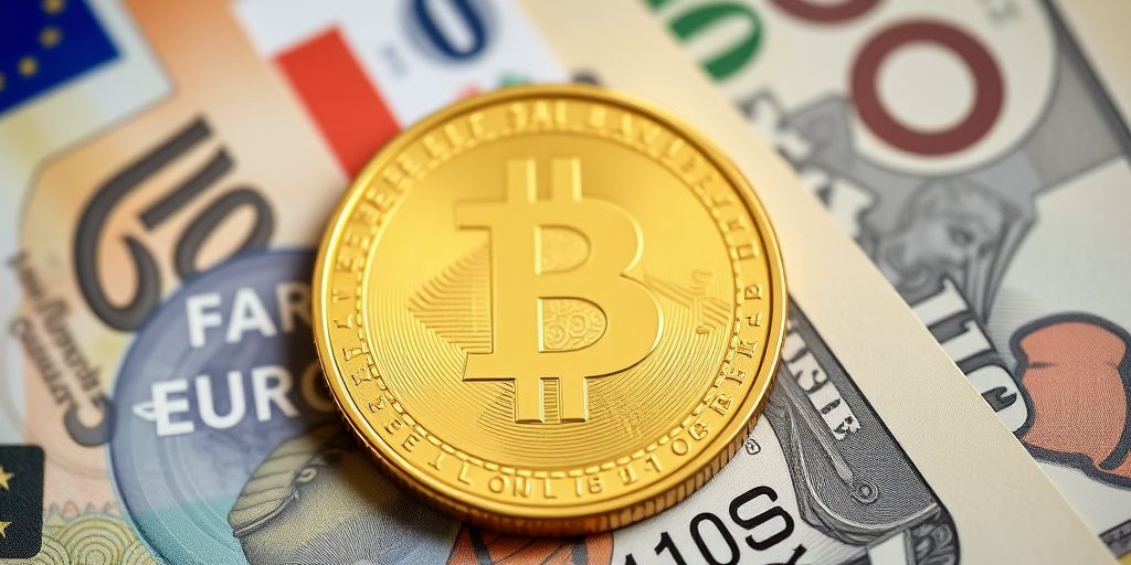 Pièce d'or sur des billets d'euros et de dollars.