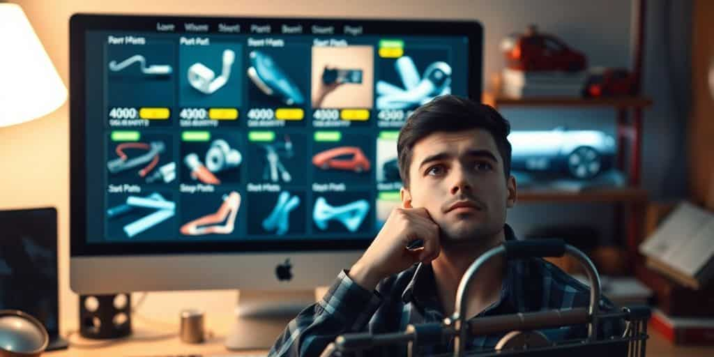 Scène de shopping en ligne avec des pièces de voiture.