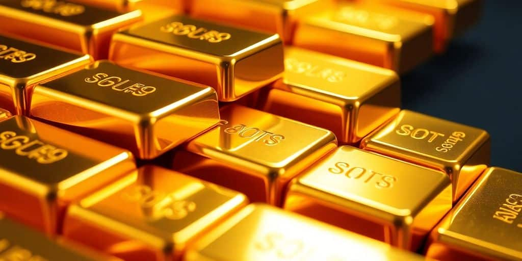Bâtons d'or lumineux empilés en arrière-plan.
