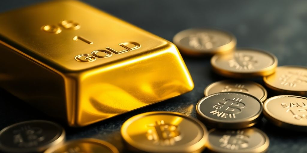 Barre d'or et pièces sur une surface neutre.