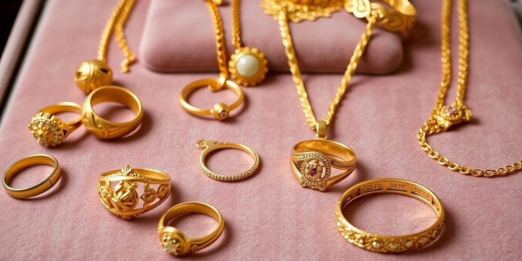 Bijoux en or hérités sur un fond en velours.