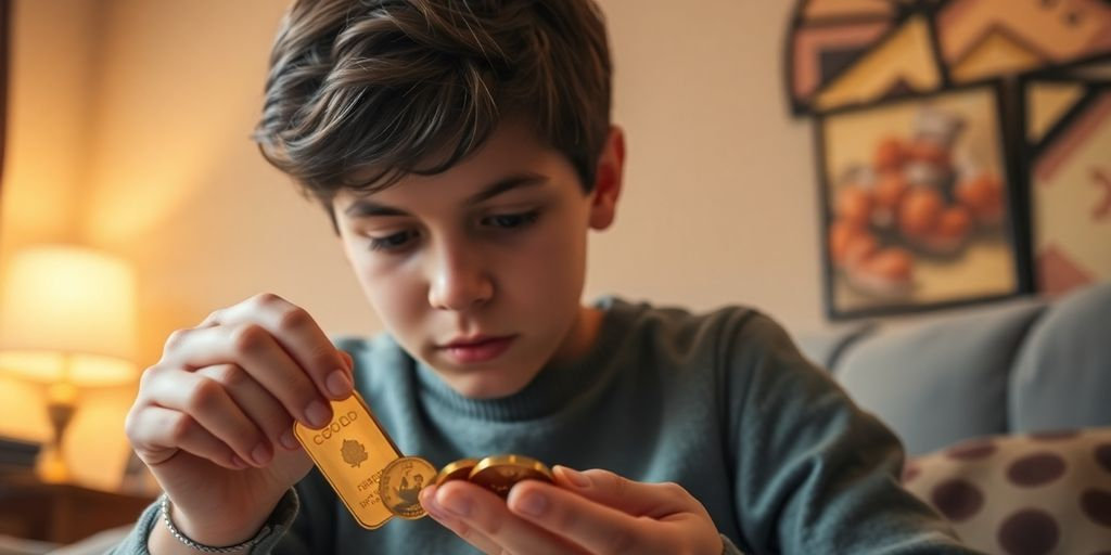 Jeune investisseur examinant des pièces et lingots d'or.