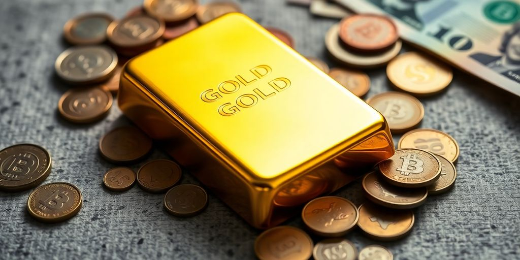 Barre d'or et monnaie sur une surface texturée.