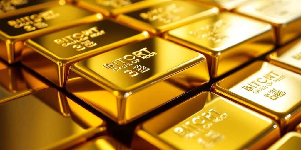 Barres d'or brillantes empilées sur un fond neutre.