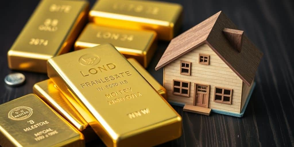 Barres d'or et maison miniature sur un fond neutre.