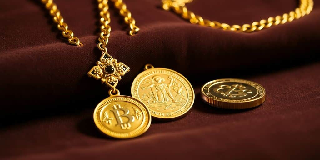 Bijoux en or sur fond de velours rouge.