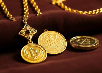 Bijoux en or sur fond de velours rouge.