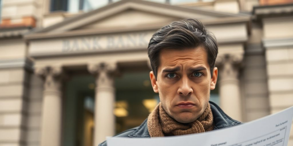 Person inquiet devant un bâtiment bancaire flou.