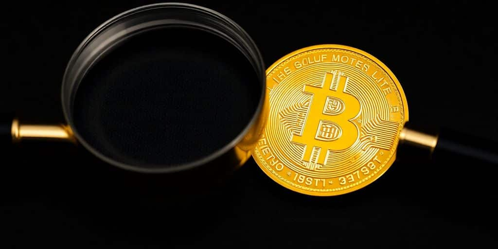 Pièce d'or avec une loupe sur surface sombre.