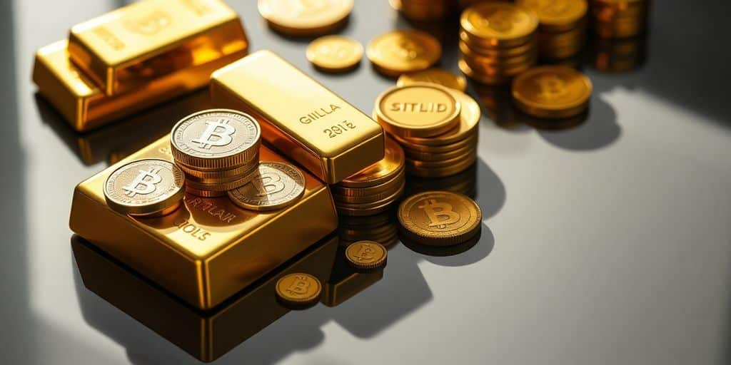 Des lingots d'or et des pièces sur une surface réfléchissante.