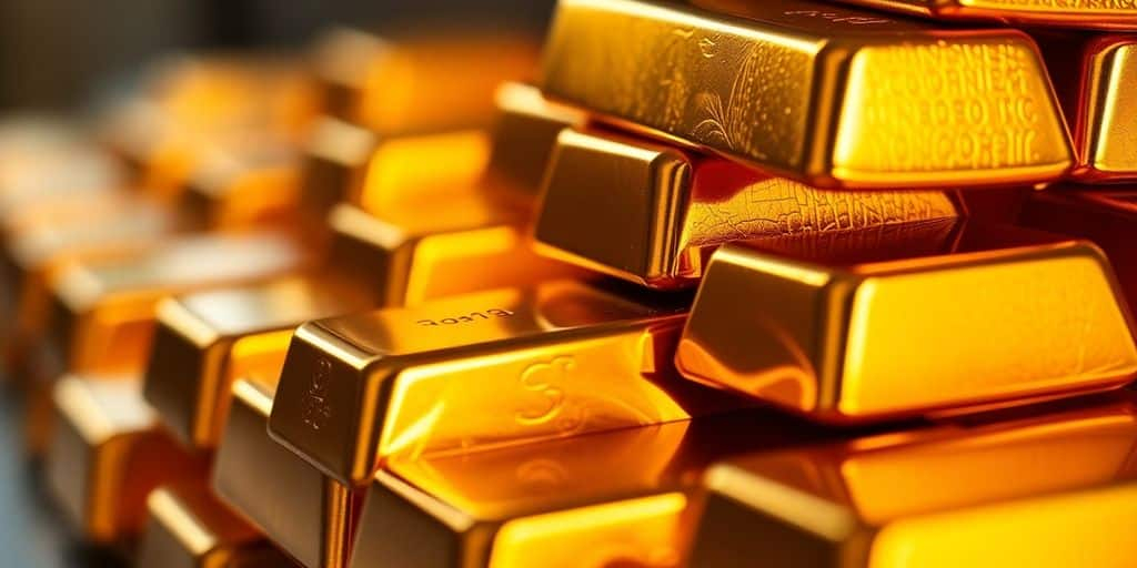 Barres d'or brillantes empilées avec un arrière-plan flou.
