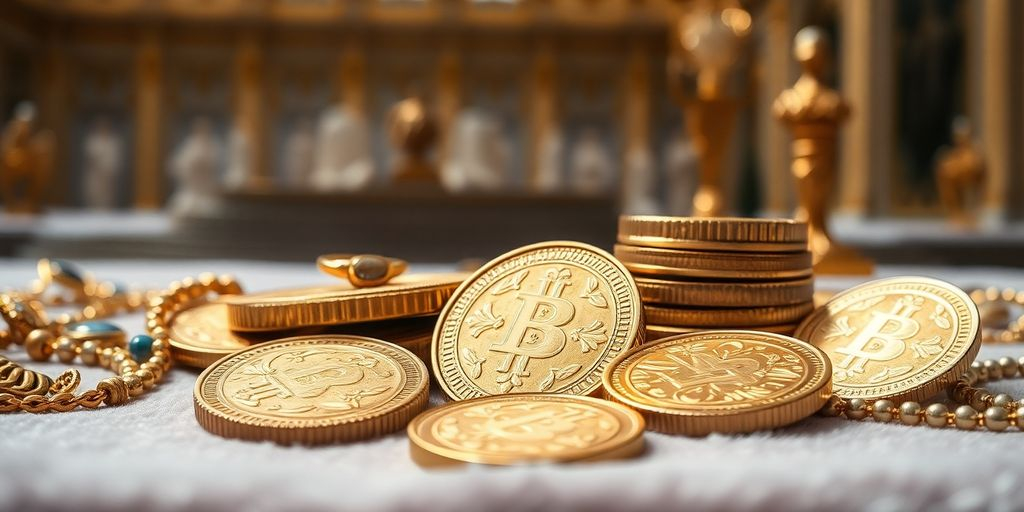 Pièces d'or héritées sur un tissu en velours.