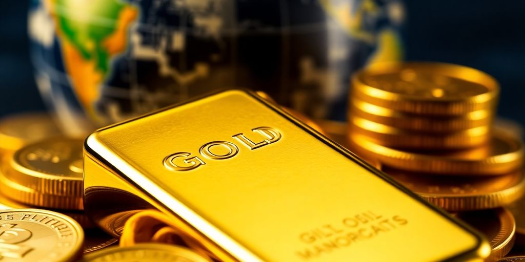 Un lingot d'or brillant avec des pièces autour.