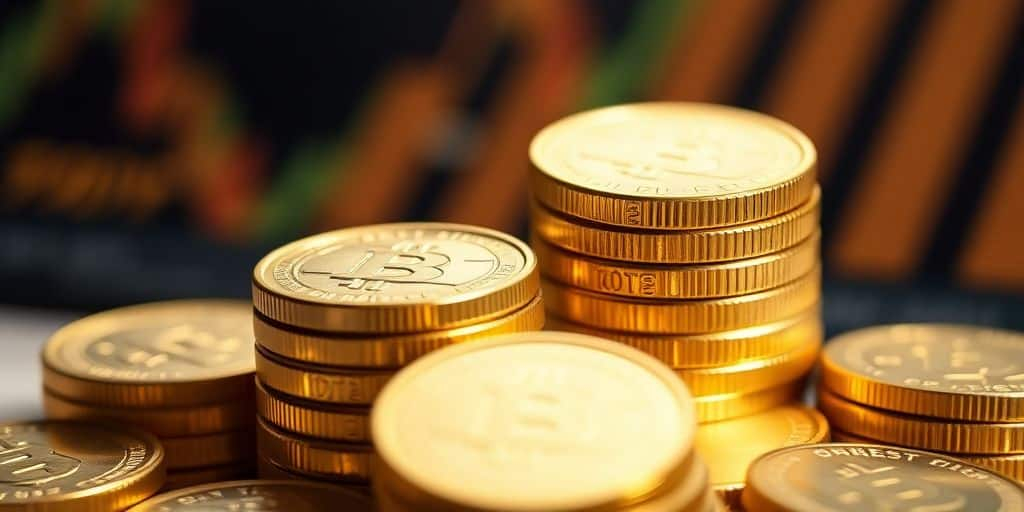 Pièces d'or brillantes sur une surface sombre.