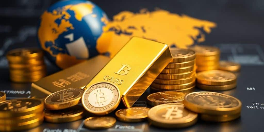 Barres d'or et pièces, globe en arrière-plan.