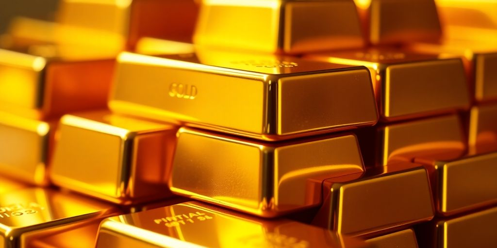 Barres d'or brillantes empilées sur un fond flou.