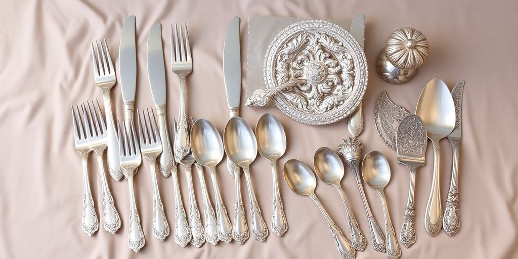 Collection d'argenterie brillante sur tissu doux.