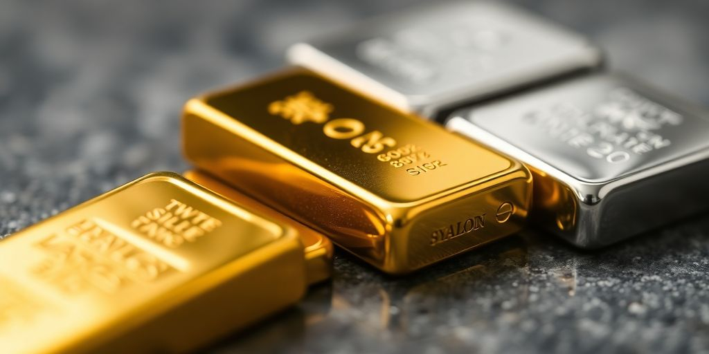 Barres d'or et d'argent sur une surface texturée.