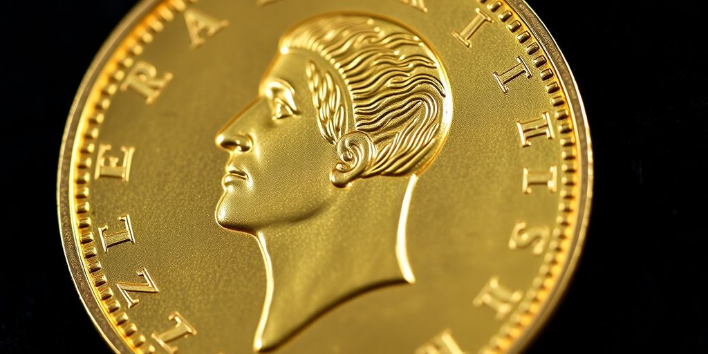 Pièce en or de Napoléon sur fond sombre.