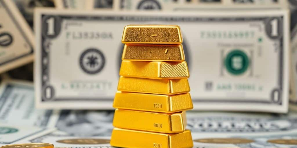 Des lingots d'or avec des billets de dollar américain en arrière-plan.