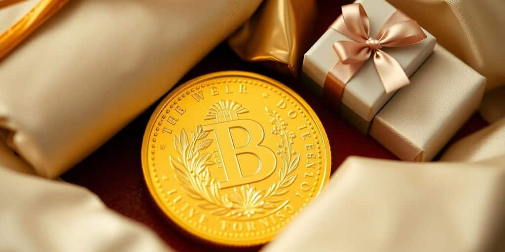 Pièce d'or avec un emballage cadeau élégant.