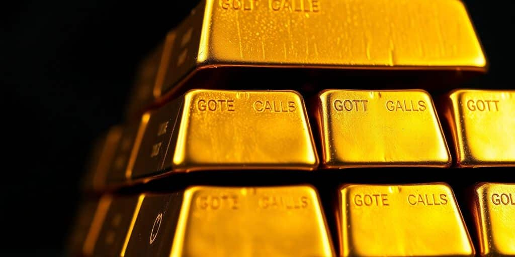 Lingots d'or brillants empilés sur un fond sombre.