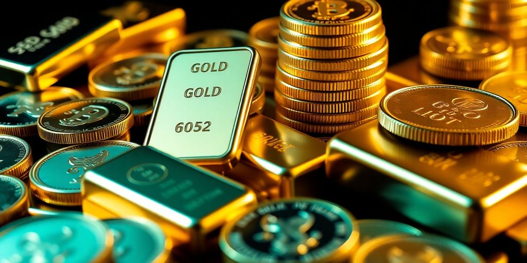 Lingots et pièces d'or brillants sur fond sombre.