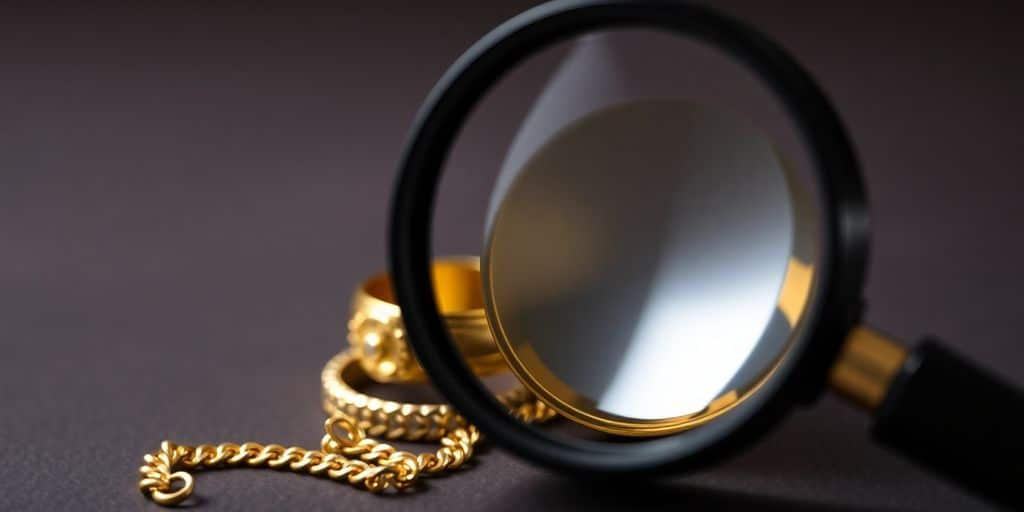 Bague en or avec loupe sur fond flou.