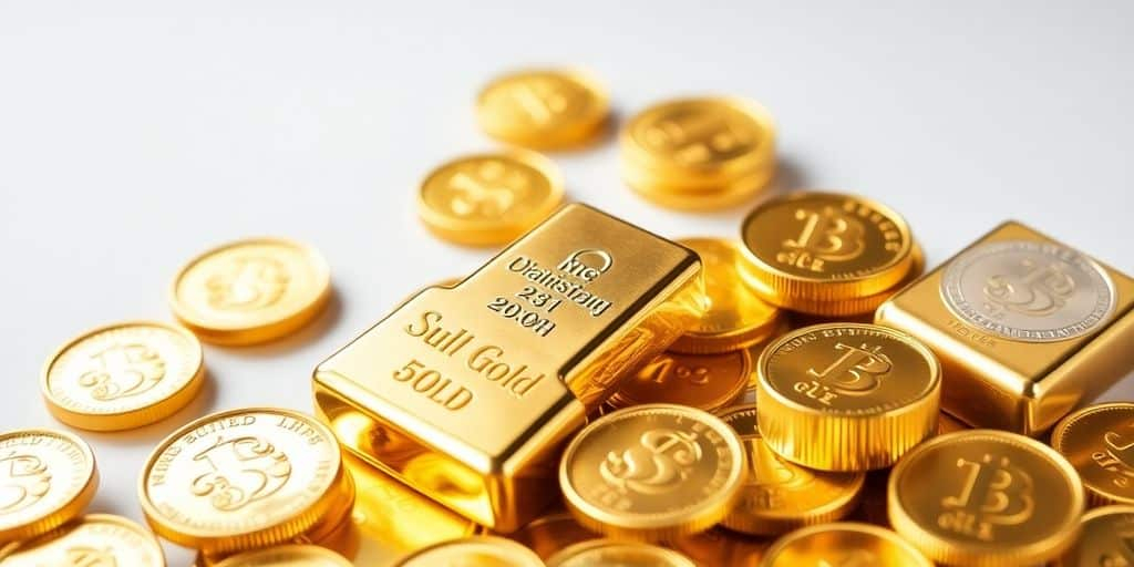 Barres et pièces d'or brillantes sur une surface élégante.