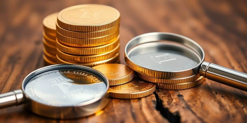 Pièces d'or et d'argent sur une surface en bois.