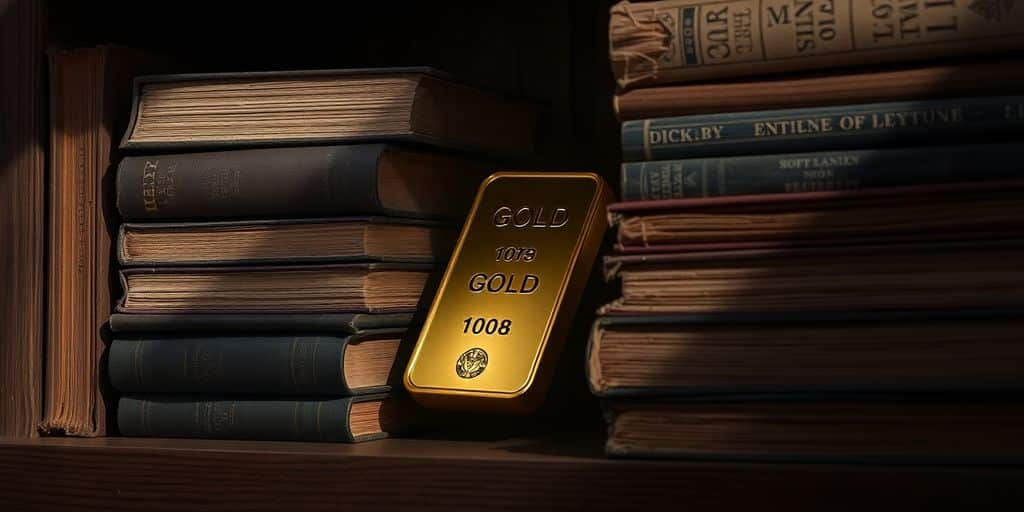 Lingot d'or caché dans une pile de livres.