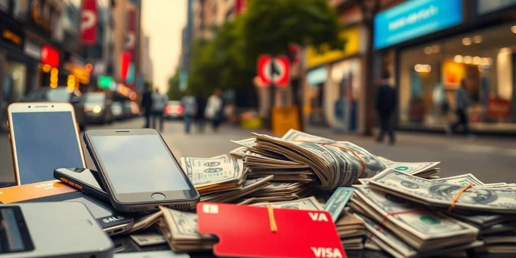 Une ville moderne avec des paiements numériques et de l'argent.