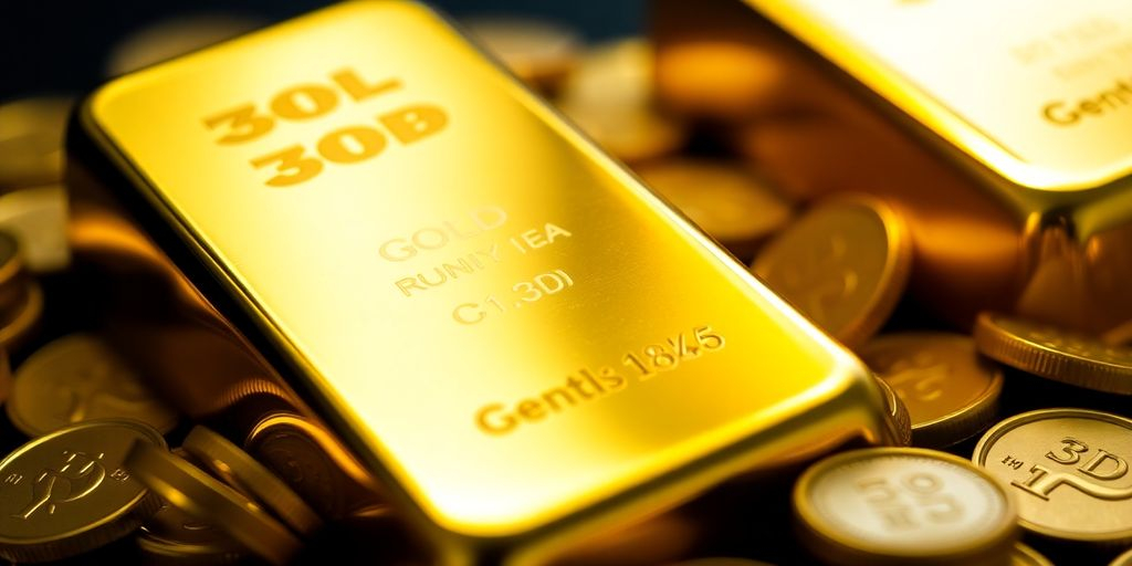 Un lingot d'or brillant avec des pièces dorées.