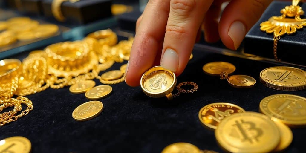 Bijoux en or et pièces sur un tissu en velours.