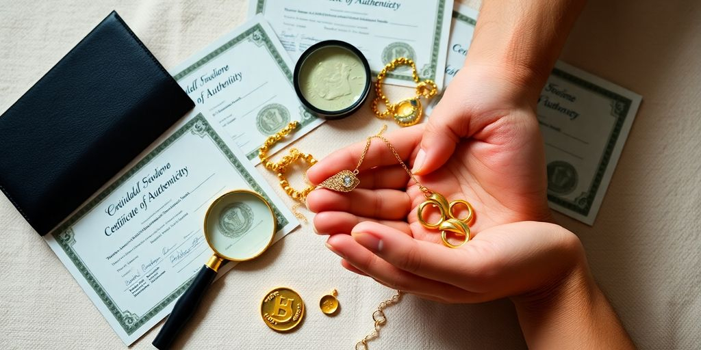 Bijoux en or avec certificat d'authenticité et loupe.