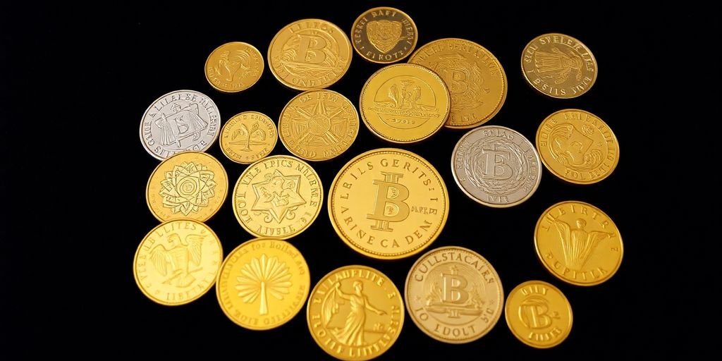 Une collection de pièces d'or sur une surface sombre.